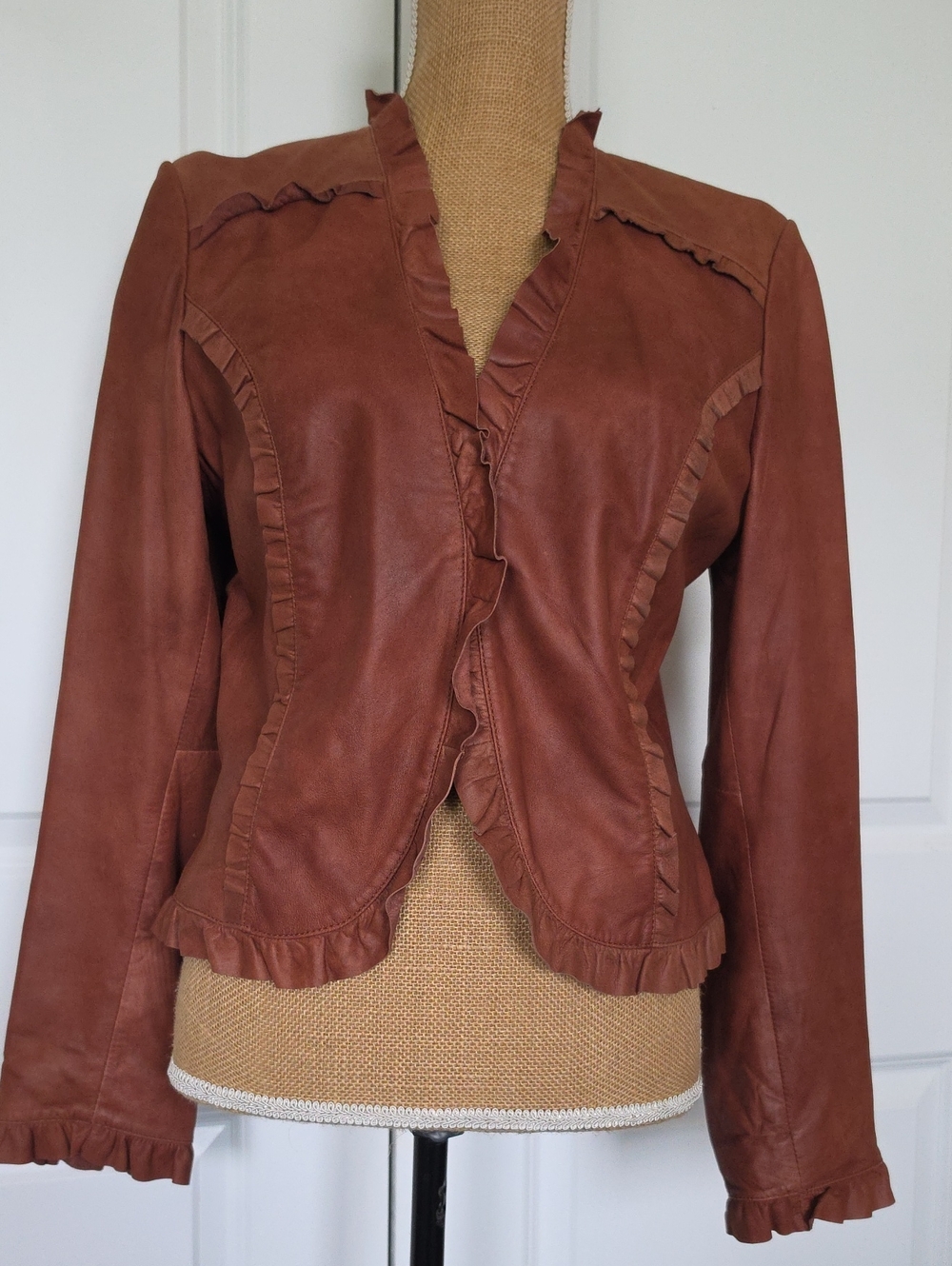 Bagatelle Ruffle-Trim Genuine Leather Jacket in Rust